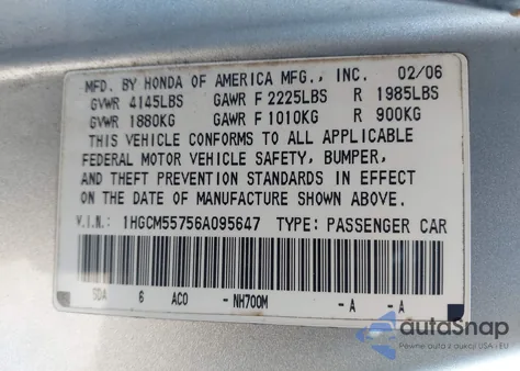 2006 Honda Accord 2.4 Ex z USA, uszkodzony, nr VIN 1HGCM55756A095647